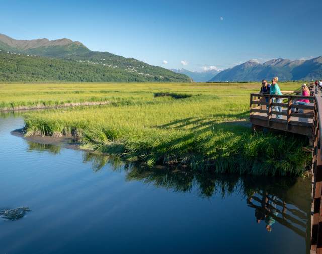 Couple watches for salmon from boardwalk at Potter Marsh