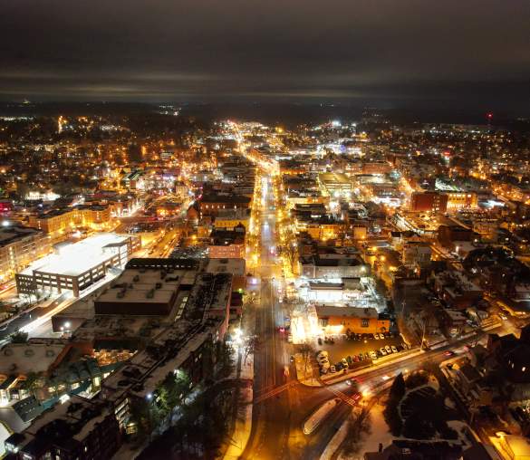 Aerial view of downtown Saratoga Springs at night
