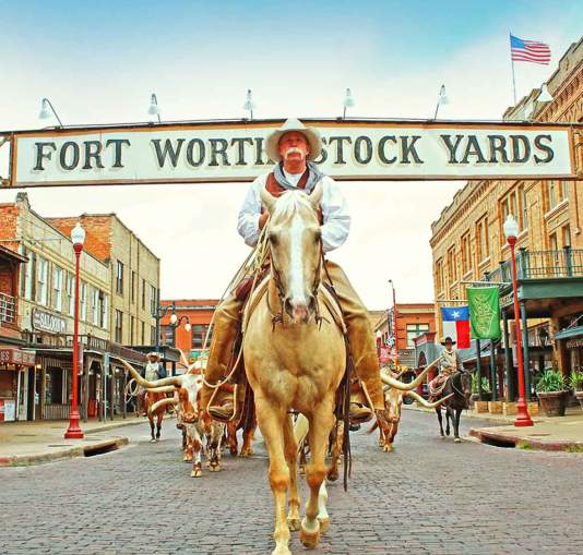 Man on horseback at the Fort Worth Stockyards entrance