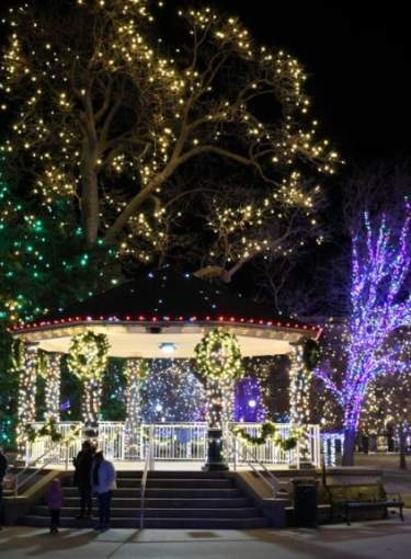 Night time photo of a gazebo, decorated and lit with Christmas lights.