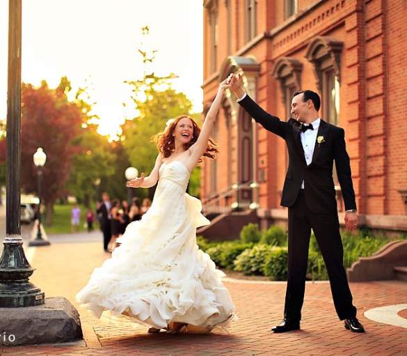 Couple dancing outside the Canfield Casino in Saratoga Springs on their wedding day