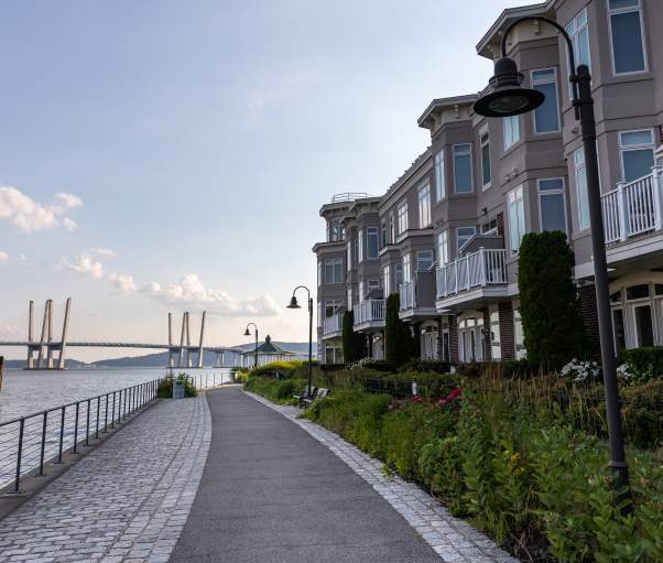 The RiverWalk pathway stretching along the shores of the Hudson River.