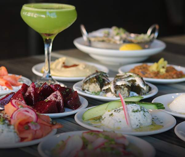 plates of food and drink on table