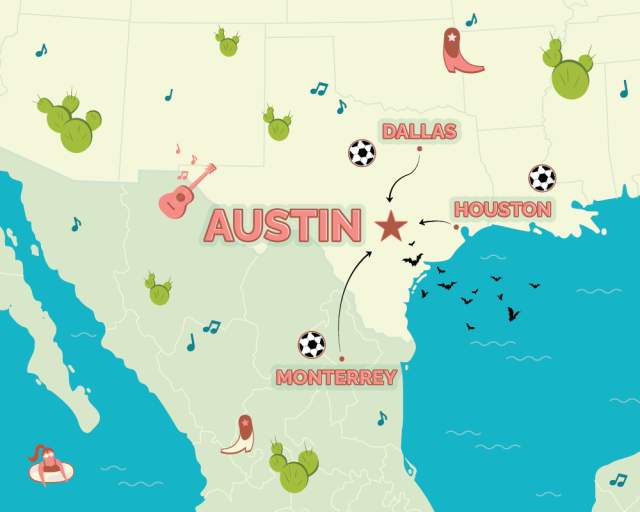 Illustrated map showcasing Austin's proximity to Dallas, Houston and Monterrey, MX.