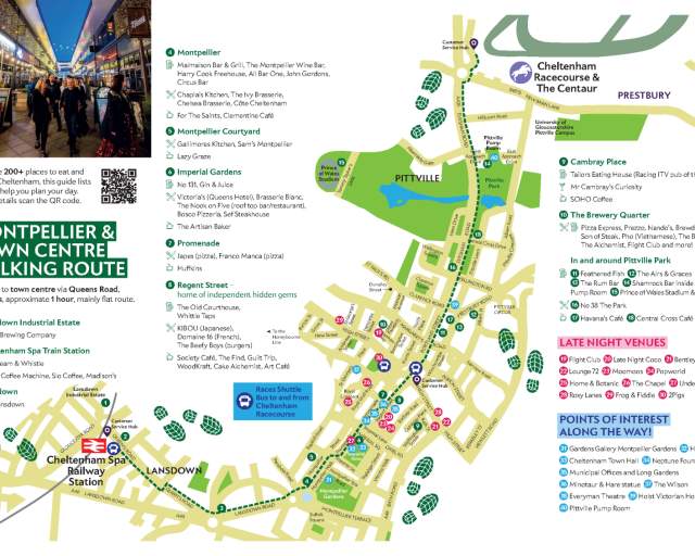 Image of pdf map, page 2 showing the walking routes from Cheltenham Train Station to the Racecourse