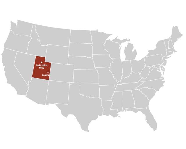 A map of the United States highlighting Moab, Utah.