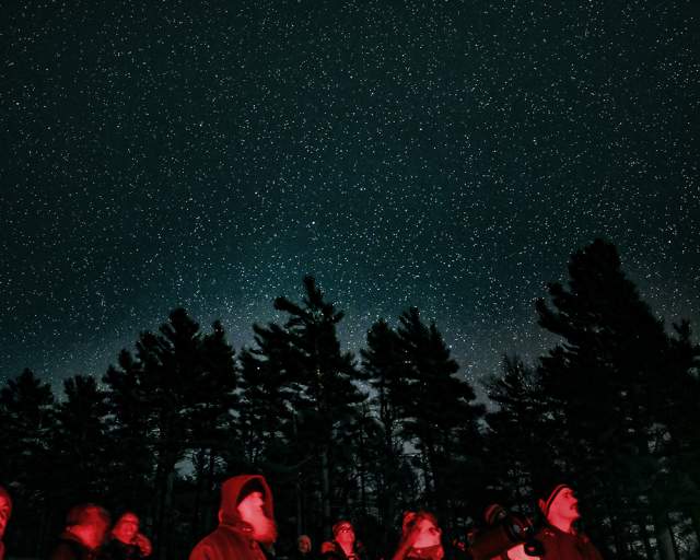 a group of people illuminated in night friendly LED lighting look up into the starry night sky