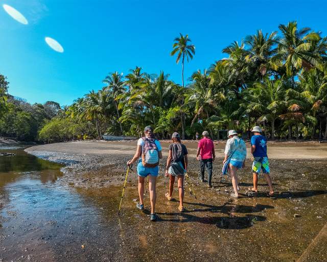 Beautiful beach of Cebaco Island, people walking on the shore. At background you can see palms trees