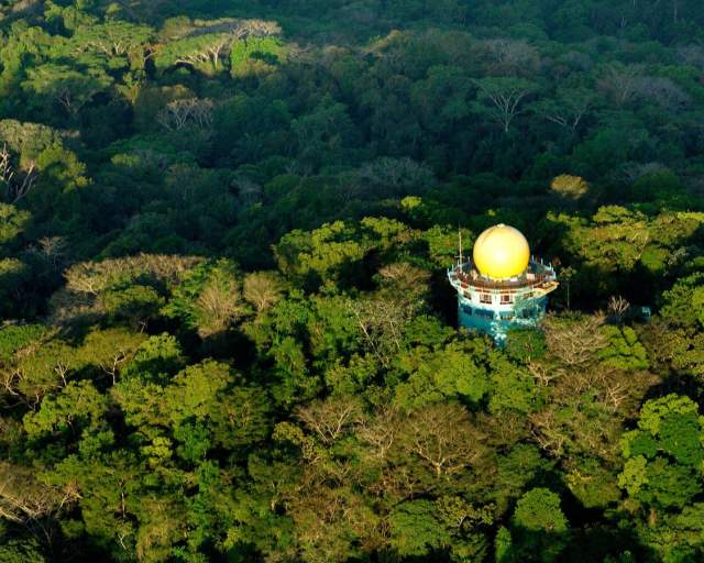 Aerial view of the Canopy Tower, a bird watching place surrounded by a lot of vegetation in Soberania National Park