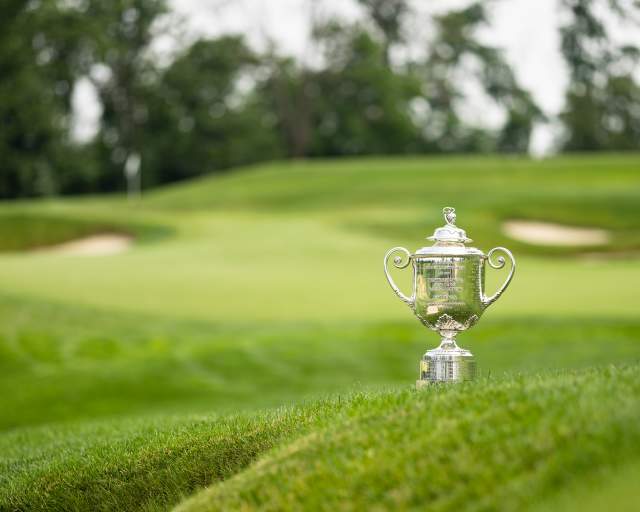 The Wanamaker Trophy sitting on the fairway of Aronimink Golf Course in Newtown Square