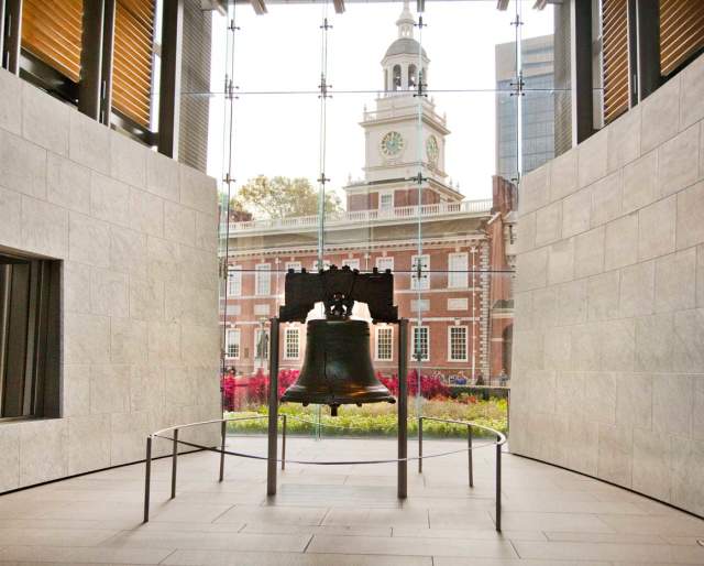 Liberty bell display in front of Independence Hall in Philadelphia