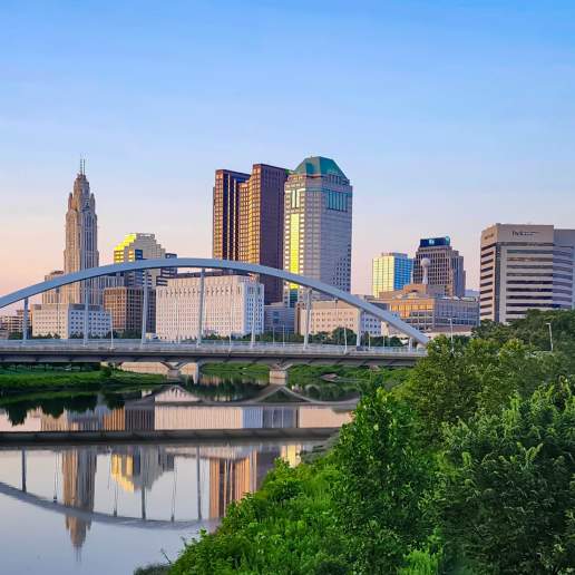 Columbus Skyline in background with Scioto Mile and Scioto River in foreground