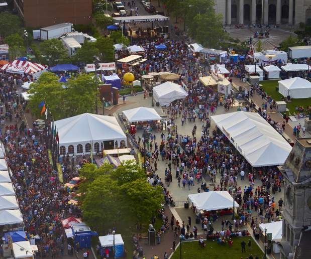 Drone image of the Taste of Syracuse festival with booths and stages