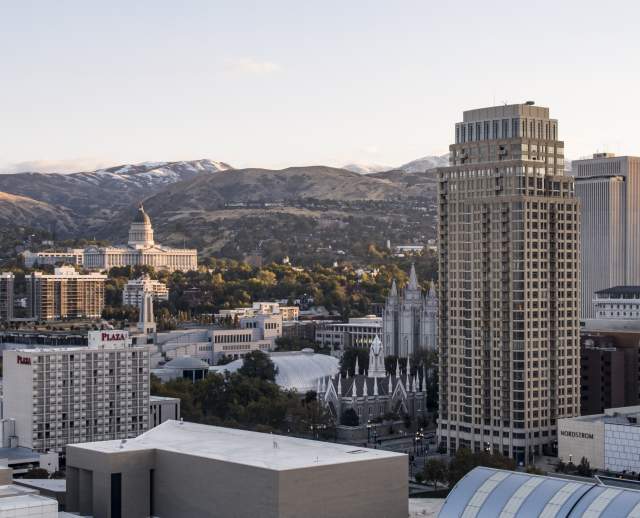 Drone Shot of Downtown, Capitol, Temple
