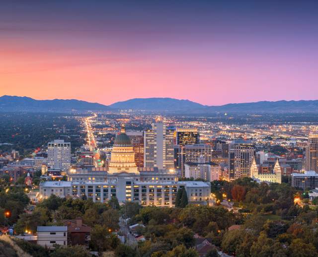Sunset view of the Salt Lake Valley with the capitol building looking down State street