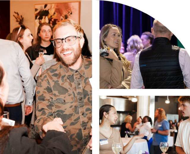 Group of images showing various networking events of people talking to other people at events