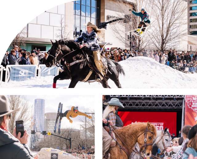 Collage of images showing skijoring at the Visit Salt Lake Winter Roundup