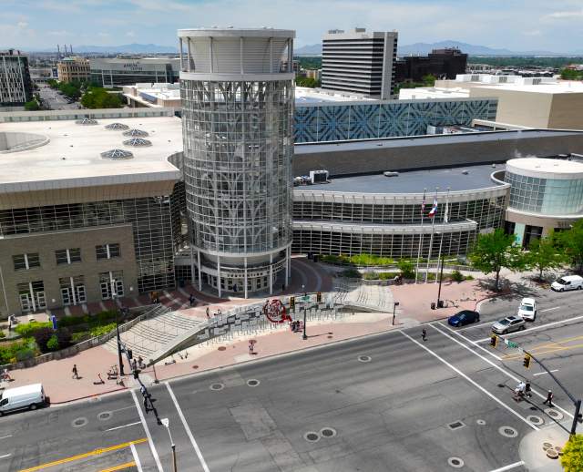 Aerial view of the Salt Palace entry at 100 South West Temple