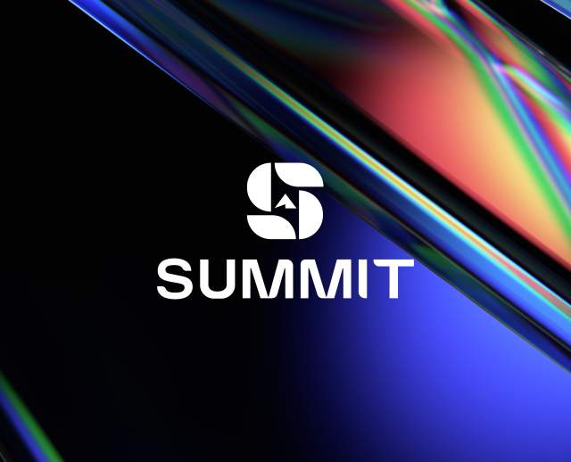 Abstract colorful rainbow and dark purple with the Summit Logo and the word Summit