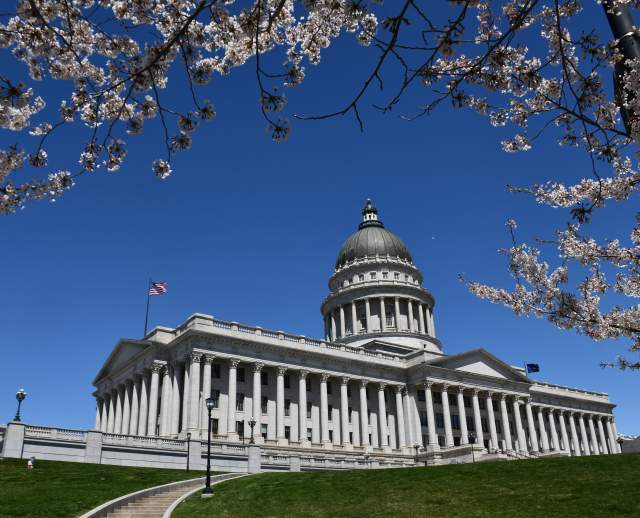 Utah State Capitol during cherry blossom season