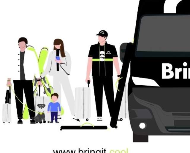 Drawing of people standing by a tour bus with the url www.bringit.cool underneath