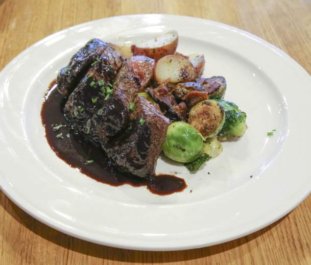 Porcini Bistro Filet. Porcini crusted bistro filet, roasted New Potatoes, bacon-braised Brussels sprouts and smoked porcini demi glaze. Taken 1/9/2017