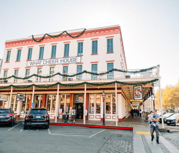 The Old Sacramento Waterfront decorated during the holidays