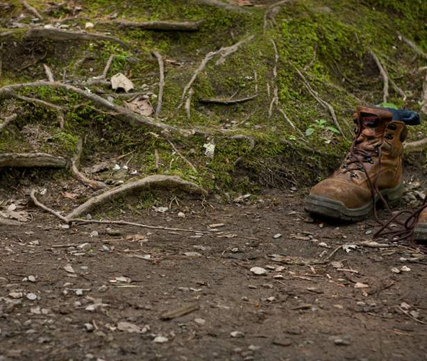 Hiking Boots on Forest Floor