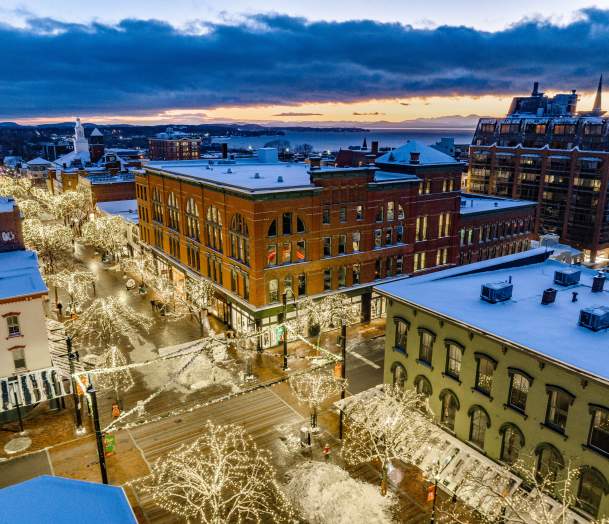 Aerial view of holiday lights downtown