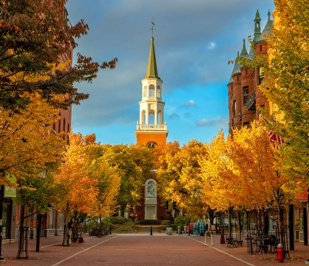 Church Street in the Fall with foliage alongside the buildings