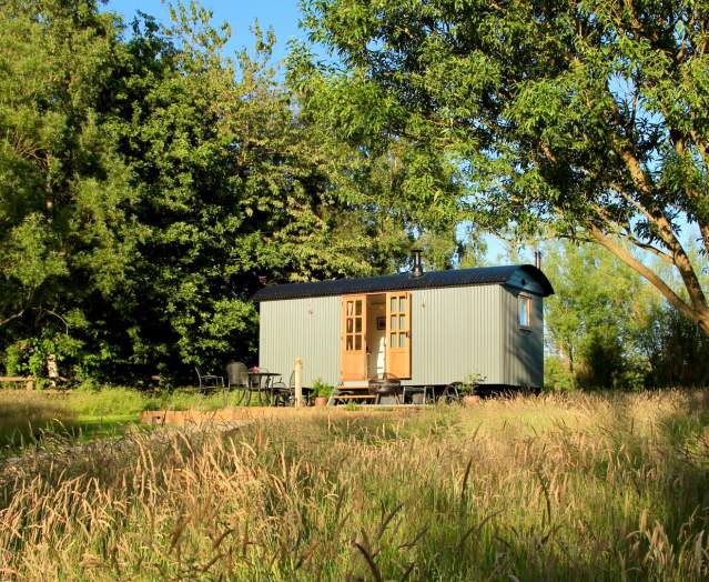 An exterior of Peatlands shepherd's huts on a bright sunny day.  The hut is shown in a large grassy area underneath trees.