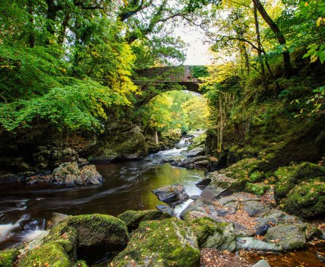 Stream and rugged bridge at Roe Valley Country Park, Limavady