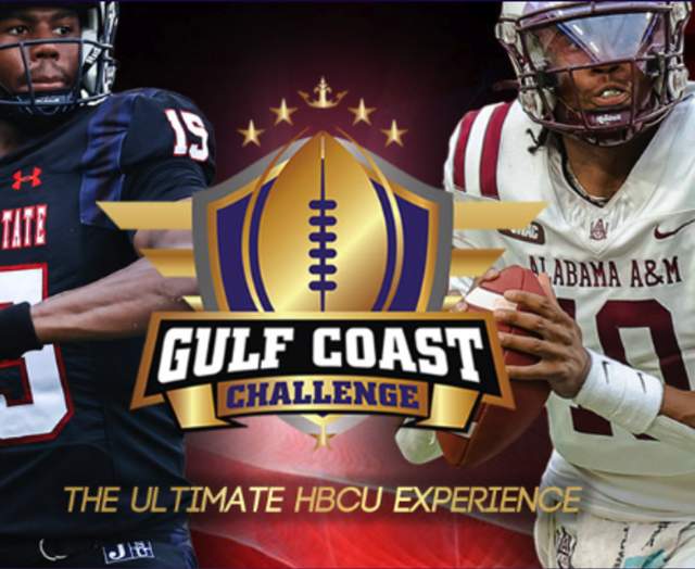 A graphic advertising the 2026 Gulf Coast Challenge football bowl game. The graphic features football players in blue Jackson State uniforms on the left and white Alabama A&M uniforms on the right with the Gulf Coast Challenge logo centered between them.