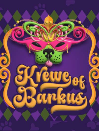 Krewe of Barkus logo header - logo with dog bone and paw faint background