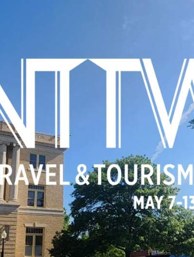 Downtown McKinney photo with National Travel & Tourism Week logo