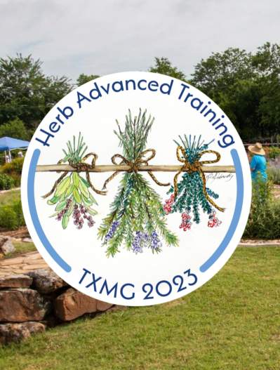 Photo of Myers Park gardens with Master Gardener Herbal Training logo in center