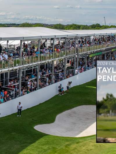 Photo of the TPC hole suites with inset photo of 2024 winner Taylor Pendrith with trophy