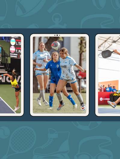 tennis, football, boxing, pickleball and soccer photos in a film strip frame