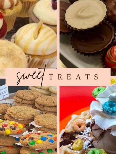 photo collage showing cupcakes, candy, ice cream and cookies available in mcKinney