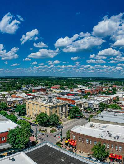 Wide angle drone shot of downtown McKinney