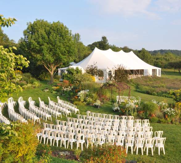 Tent and chairs set up for a wedding