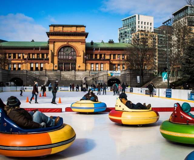 Ice bumper cars and ice skaters at BankNewport City Center