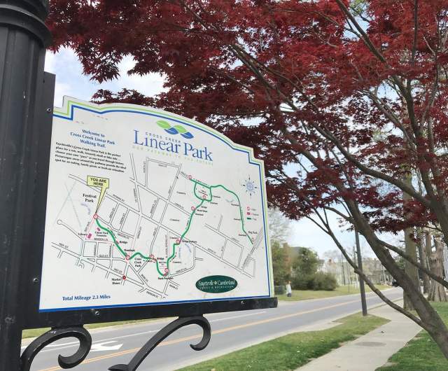 Wayfinding map at Cross Creek Linear Park with a ‘You Are Here’ marker, illustrating clear signage and predictable navigation for visitors.