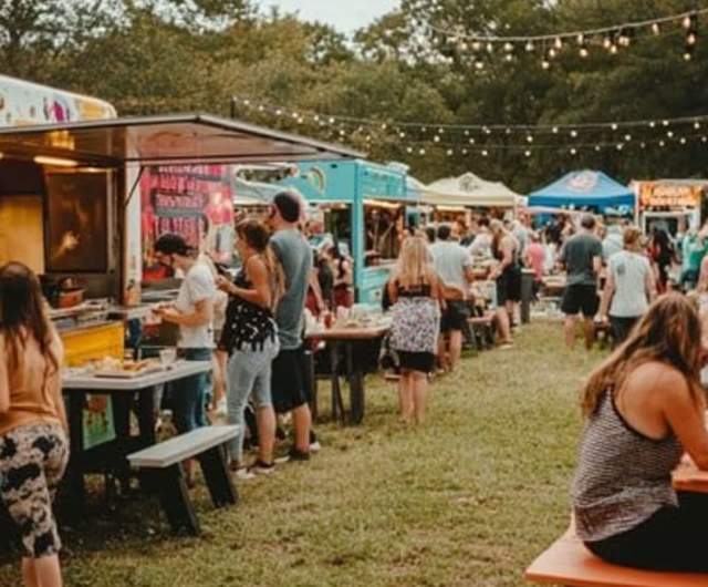 People dining and socializing at an outdoor food truck festival with picnic tables and string lights overhead