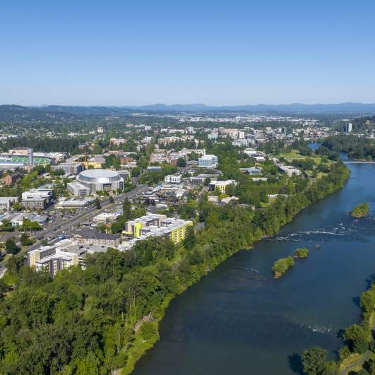 Looking toward UO Campus, downtown Eugene and Coastal Range along the Willamette River