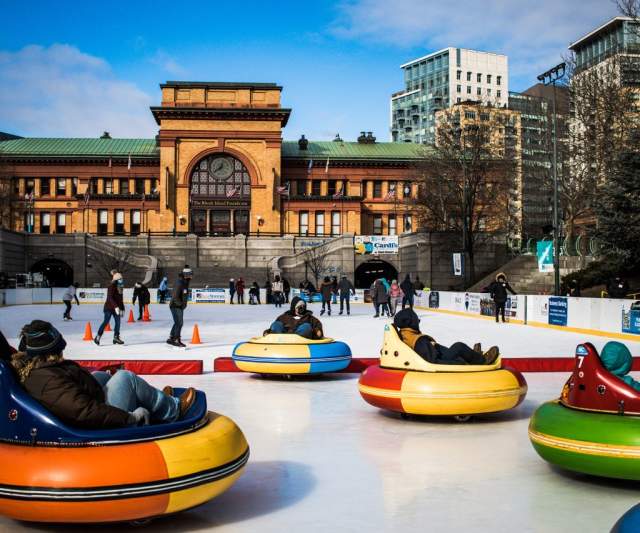 Ice bumper cars and ice skaters at BankNewport City Center