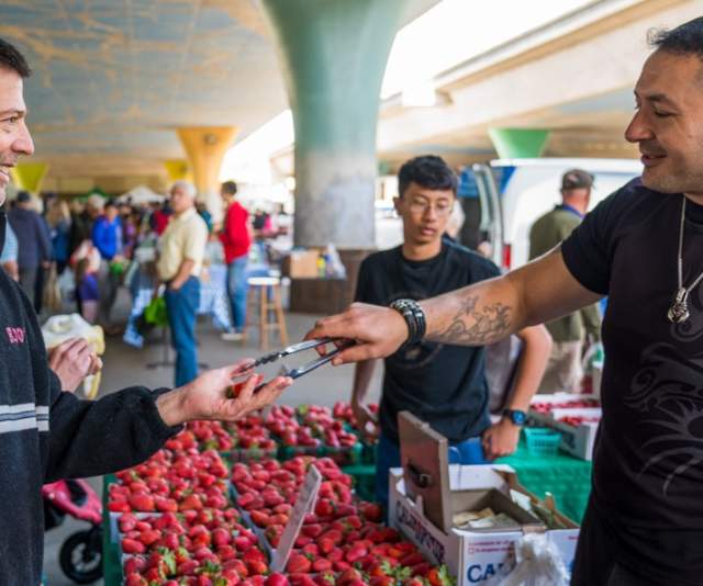 A group of people at a market, one man handing another man a strawberry to sample