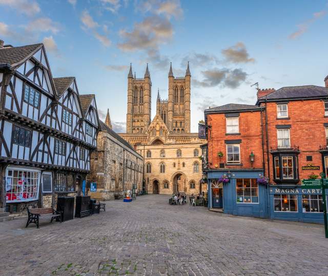 The view across Castle Square with historic buildings and Lincoln Cathedral in the background