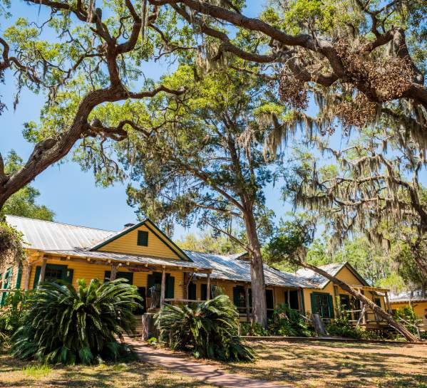 A rustic hunting cabin has been converted to the main lodge on Little St. Simons Island, Georgia