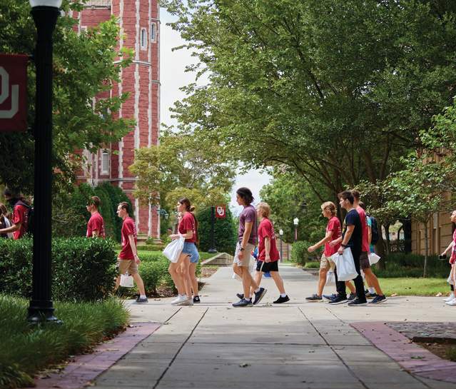 Students walking on campus at the University of Oklahoma